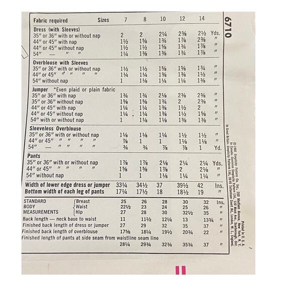 Vtg Simplicity 6710 Dress Jumper Blouse Pants Pattern 10 Girl 1966 Bell Bottom - Picture 4 of 6